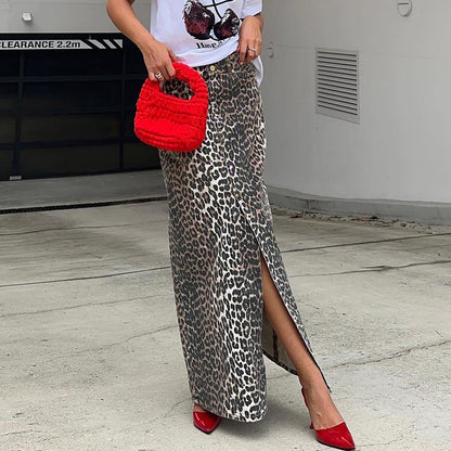 Commute Style Cotton Leopard Print Straight Ankle Skirt European And American Spring Fashion Long Skirt