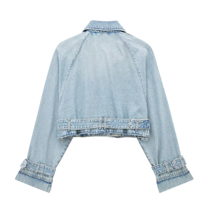 Denim Wind-breaker Slim-fitting Blouse French Style With Belt Coat