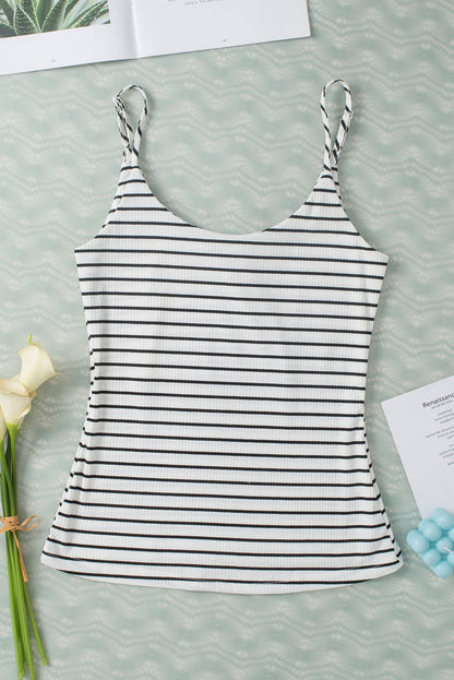 White Stripe Adjustable Straps Ribbed Knit Cami Top