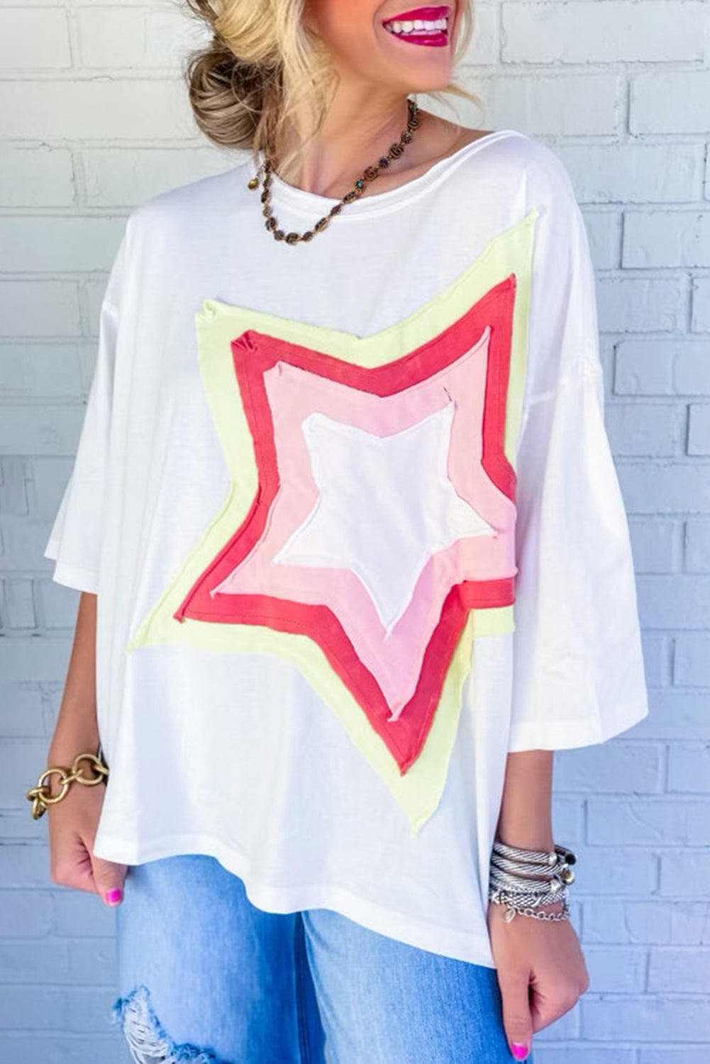 Moonlight Jade Colorblock Star Patched Half Sleeve Oversized Tee