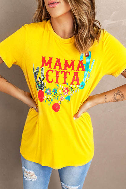 Yellow Mamacita Crew Neck Graphic Tee for Women