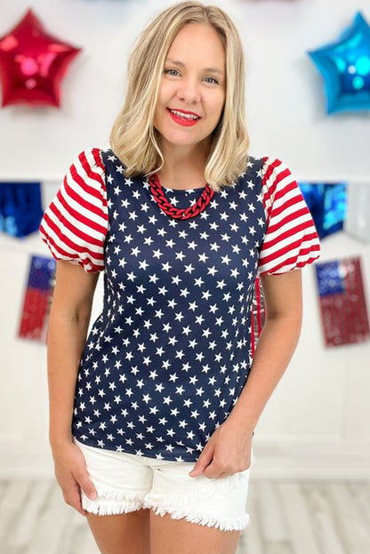 Navy Blue 4th Of July Stars & Striped Print T Shirt