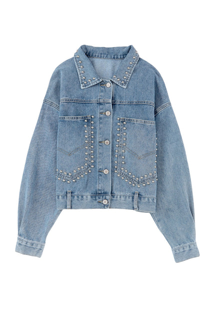 Veste en jean à poches cloutées et rivets bleu ciel