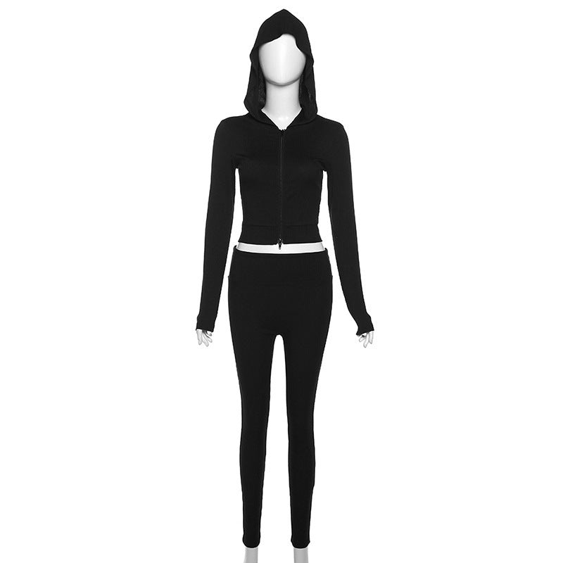 Women's Fashion Casual Hooded Coat High Waist Slim Trousers Suit Women