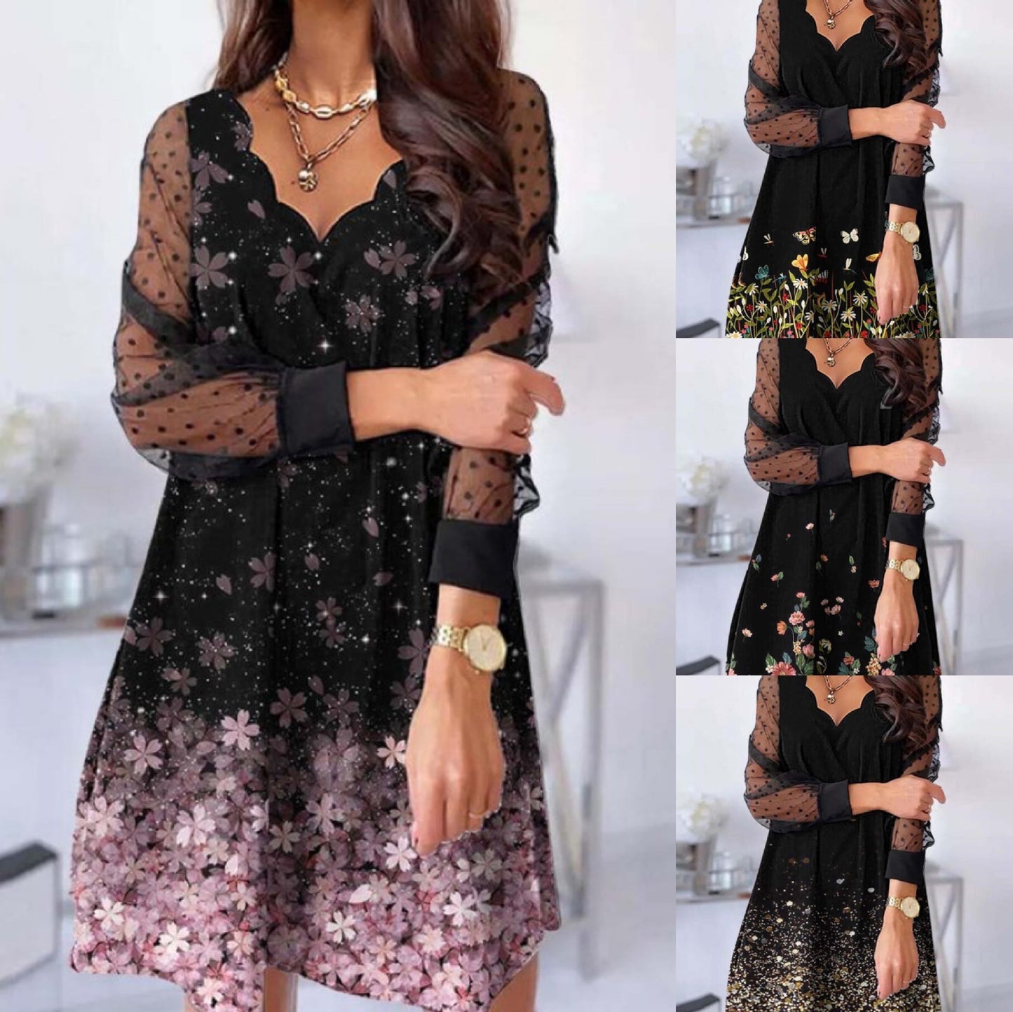 Casual Lace Long Sleeve Wave V-neck Dress