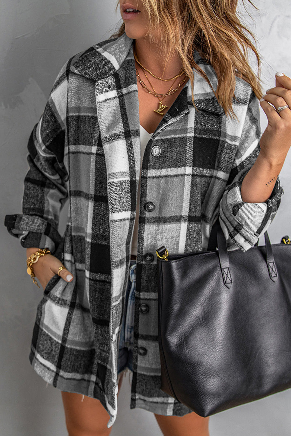 Rose Plaid Print Buttoned Shirt Jacket