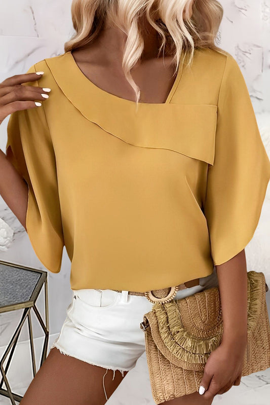 Ginger Solid Color Loose Asymmetric Neck Petal Sleeve Blouse