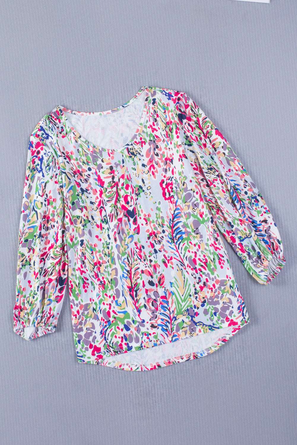 Blue Floral Print Puffy Sleeve Loose Blouse