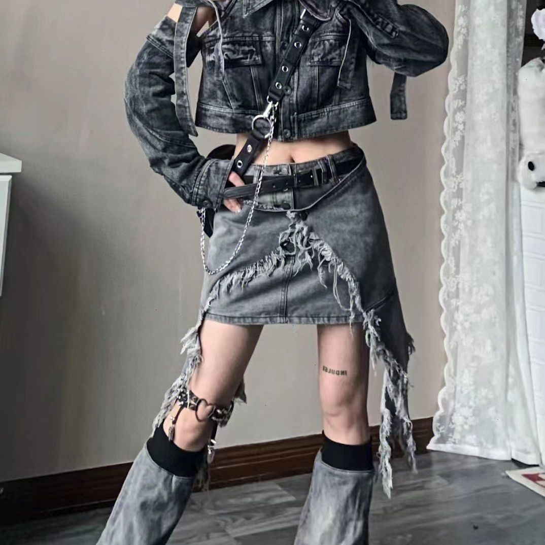 Culture asiatique Y2g Hot Girl Denim jupe taille haute irrégulière gris fumé