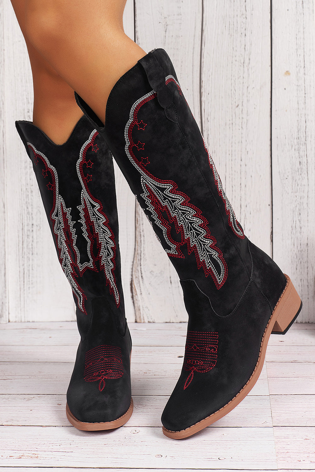Black Geometric Embroidery Slip On Cowgirl Boots