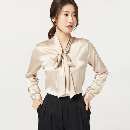 Mulberry Silk Bottoming V-neck Bow Large Ribbon Women's Shirt