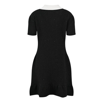 Black And White V-neck Patchwork Diamond Decorations Button Bow Knitted Sheath Dress