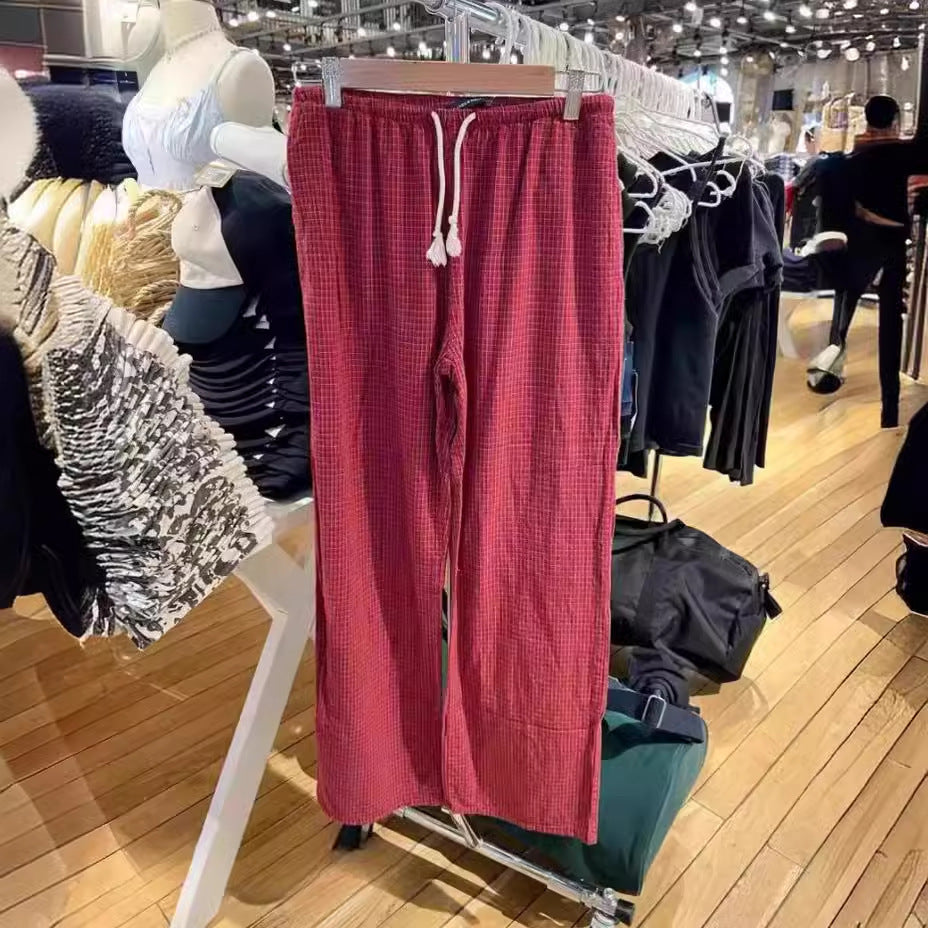 Pantalon décontracté à carreaux rouges pour femmes, ample et élastique, avec cordon de serrage, taille