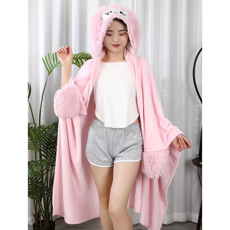 Double Layer Fleece-lined Office Nap Air Conditioning Blanket Hooded Flannel Shawl Cape