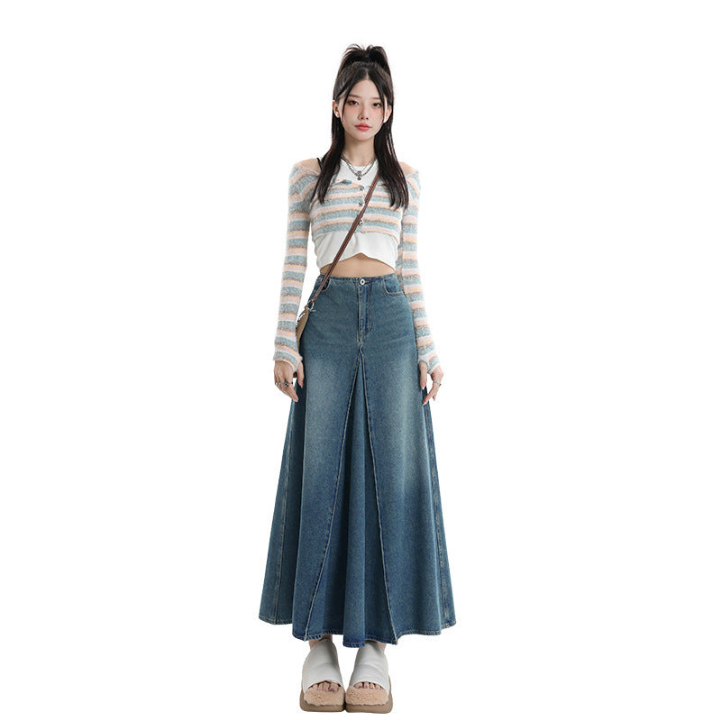 American Style Retro Big Swing Denim Spring New High Waist A- Line Slimming Mid-length Skirt