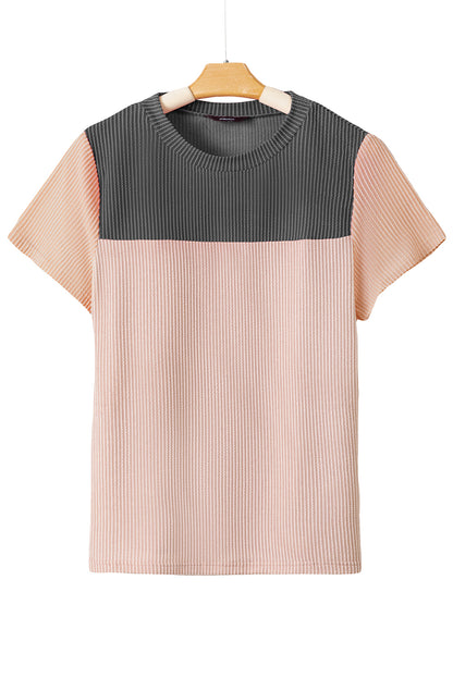 Pink Rib Textured Colorblock T Shirt