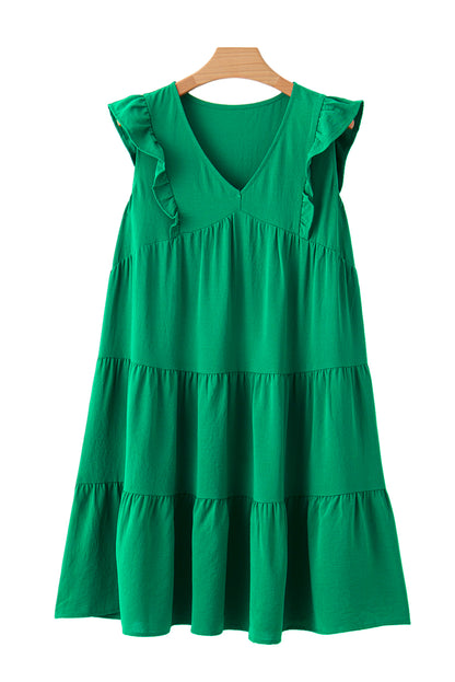 Bright Green V-Neck Ruffle Tiered Mini Dress