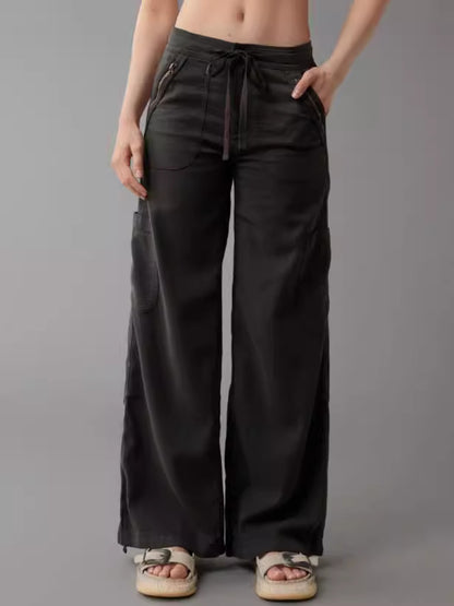 Female Color Elastic-waist Straight-leg Pants