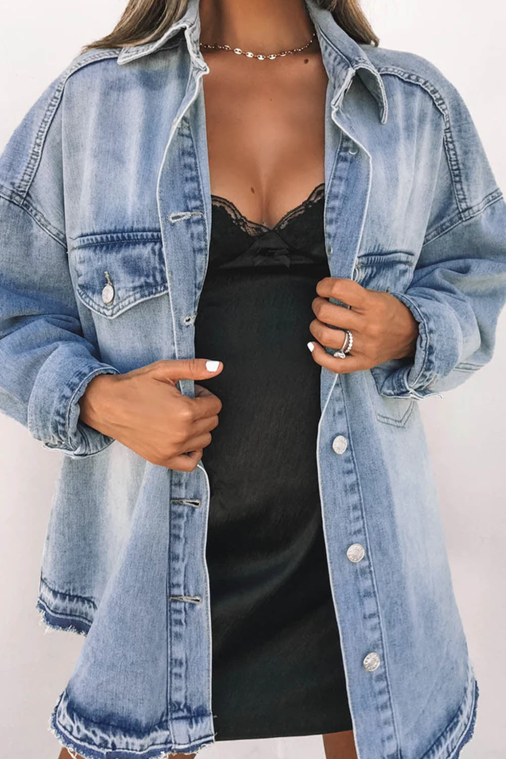 Sky Blue Flap Pocket Buttoned Oversized Denim Jacket