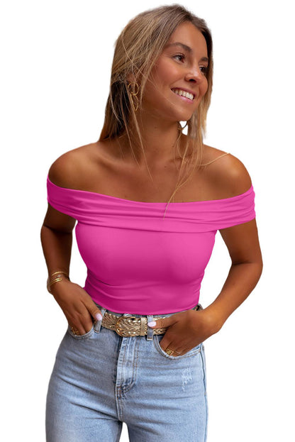 Blusas delgadas con hombros descubiertos doblados de color sólido rosa brillante