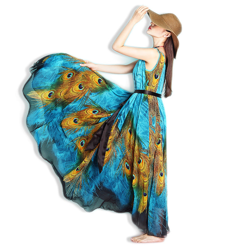 Women's Bohemian Feather Printed Chiffon Dress