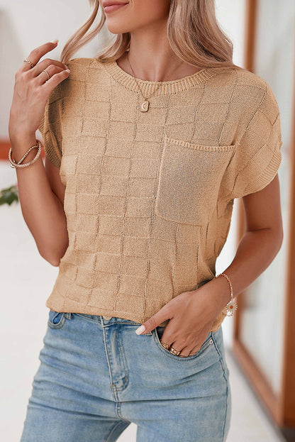 Blusa holgada con bolsillo en el pecho de punto con textura de celosía rosa brillante