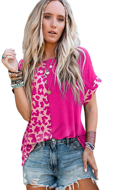 Black Half Leopard Patchwork Short Sleeves Top