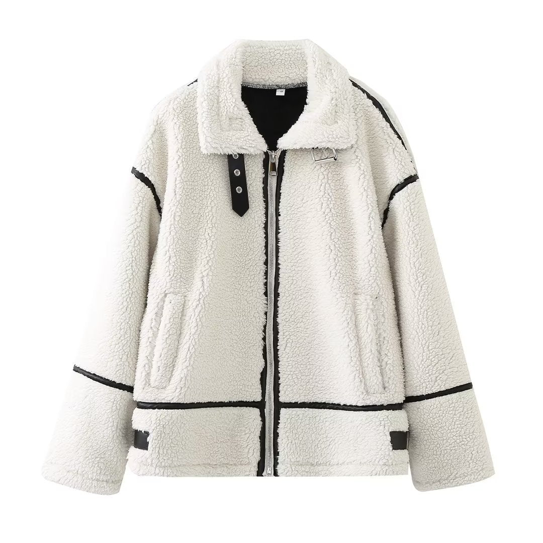 Women's Fashion Loose Patchwork Easy Matching Lambswool Jacket