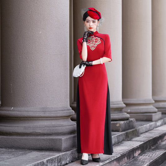 Cheongsam de talla grande sin abertura estilo chino de terciopelo dorado para mujer