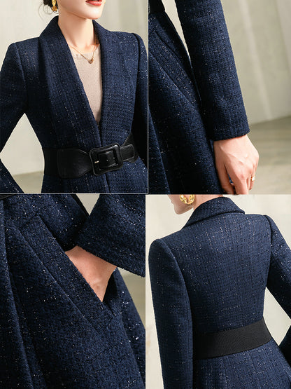 Manteau à carreaux bleu moyen long pour femme