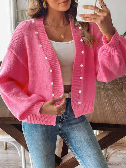 Women's Short Pearl Beaded Cardigan Loose Buckle-free Sweater Coat