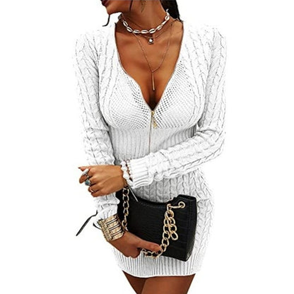 Women's Knitwear Mid-length Slim Fit Dress Sweater Solid Color And V-neck Pullover Zip-up Shirt