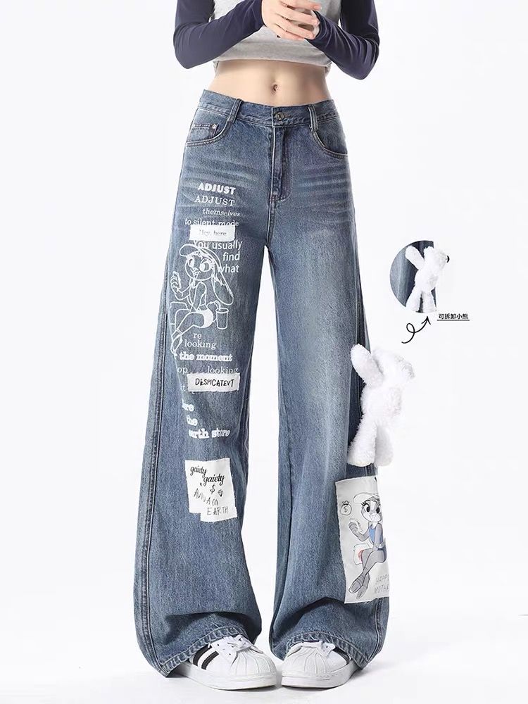 Cartoon Rabbit Print Loose Straight Casual Wide-leg Pants