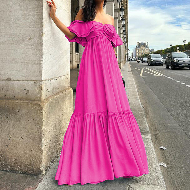 Robe mi-longue à épaules dénudées et à couleur pure