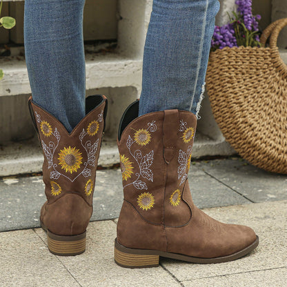 Botas de tacón en bloque con bordado de girasol