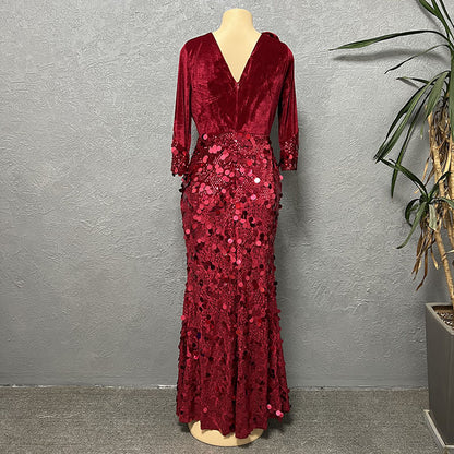 Fashion Slim-fit Velvet Sequined Evening Dress