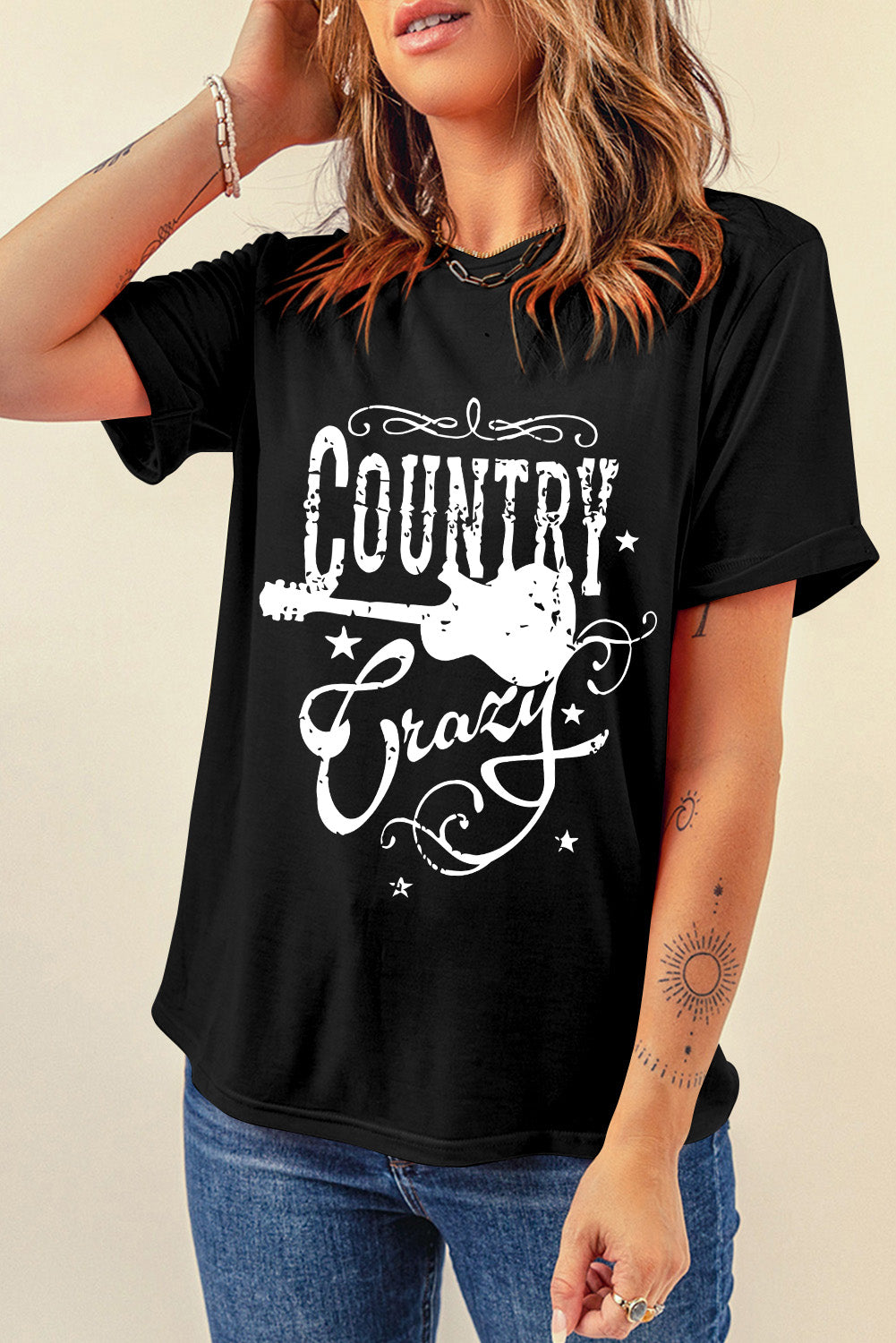 T-shirt noir à col ras du cou avec graphisme fou de musique country