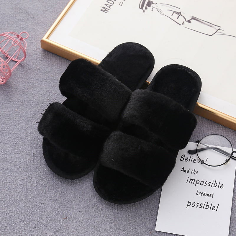 Faux Fur Double Strap Slippers