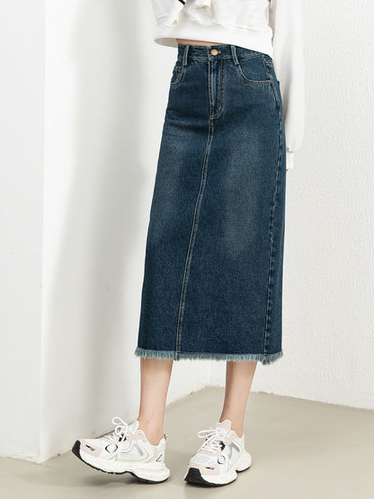 Women's Retro High Waist Raw Hem Denim Skirt