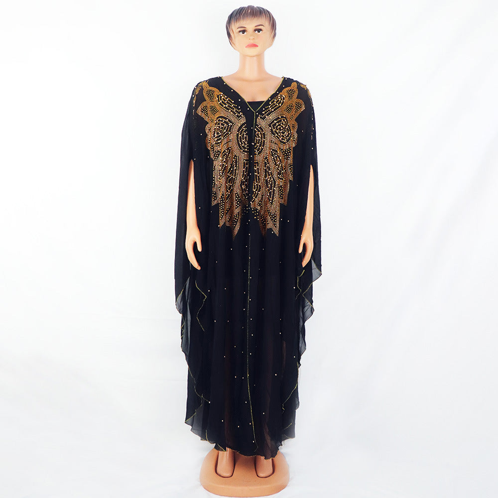 Robe élégante à la mode pour femmes, col en v, en mousseline de soie, strass, pistolet, perles, manches chauve-souris