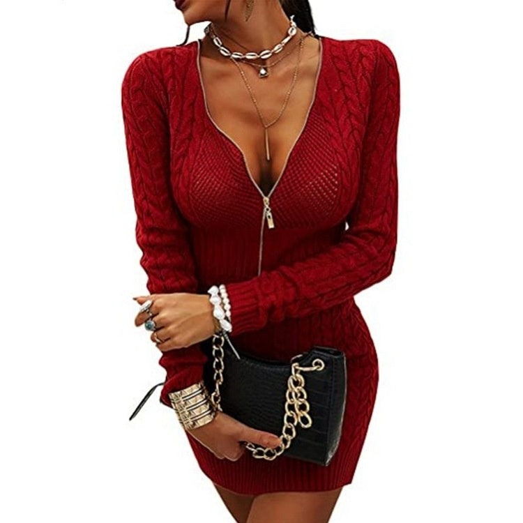 Women's Knitwear Mid-length Slim Fit Dress Sweater Solid Color And V-neck Pullover Zip-up Shirt