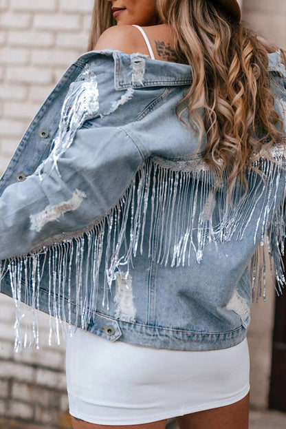 Veste en jean effet vieilli à franges ornées de sequins bleu ciel