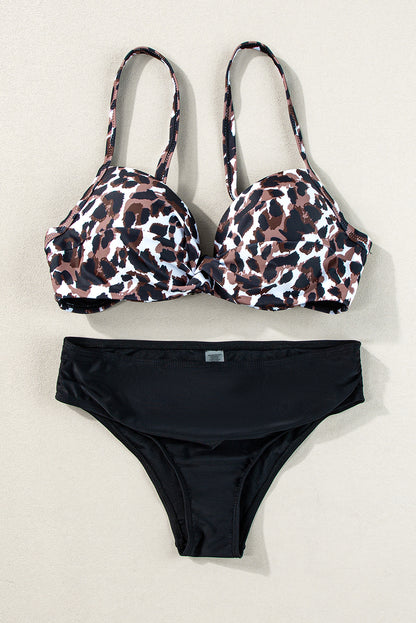 Conjunto de bikini de leopardo con busto retorcido negro