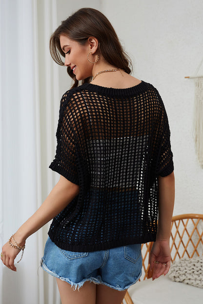 Apricot Fishnet Knit Ribbed Round Neck Short Sleeve Sweater Tee