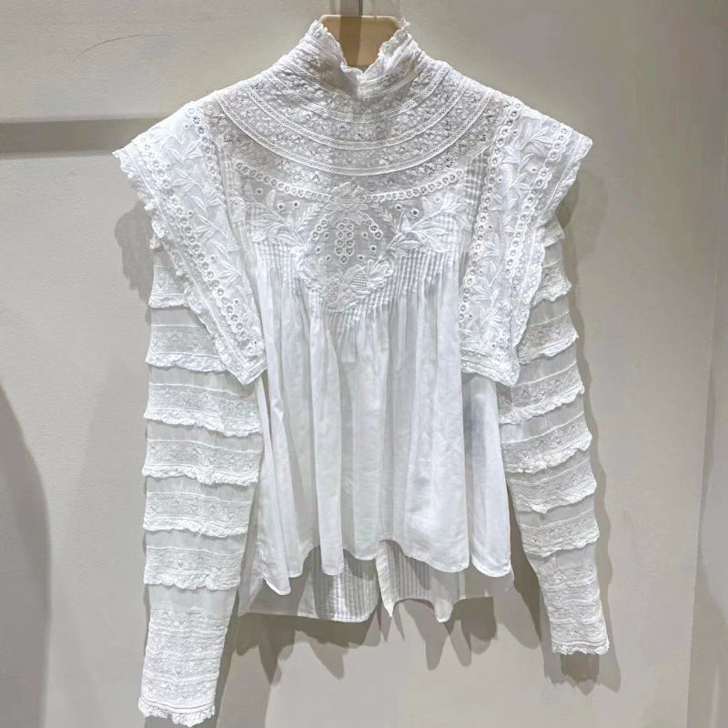 Graceful Stand Collar Lace Patchwork Ruffled Double-sided Shirt