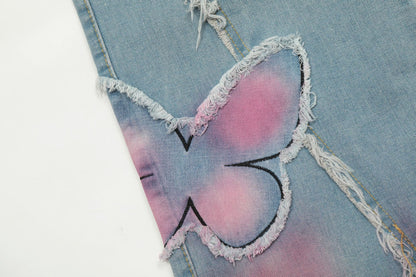 Pantalon en denim délavé papillon mignon et doux