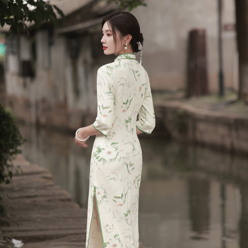 Suzhou – Cheongsam élégant en daim de haute qualité, manches trois-quarts, rétro, Style républicain chinois