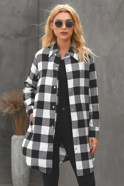 Green Turn-down Collar Plaid Shirt Coat