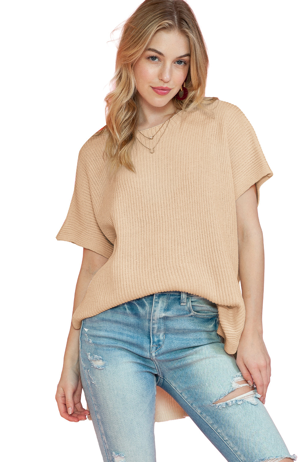 Top extragrande de punto con manga dolman corta y abertura lateral gris