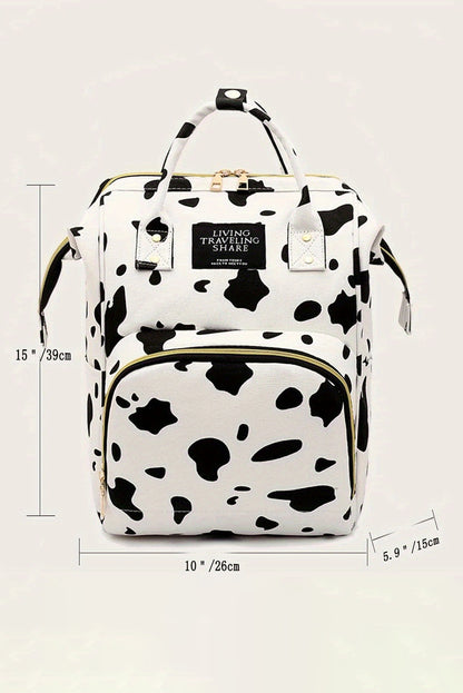 Sac à dos en toile multi-poches à imprimé tache de vache blanche